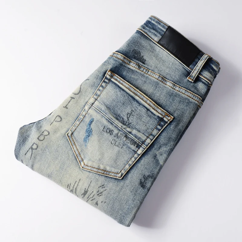 Street Fashion Men Jeans High Quality Retro Gray Blue Elastic Slim Ripped Jeans Men Printed Designer Hip Hop Brand Pants Hombre