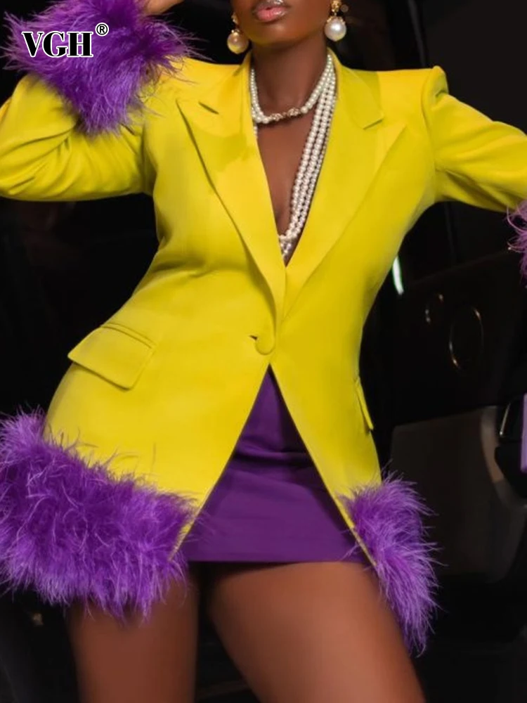 

Женский блейзер с перьями VGH, однотонный Повседневный блейзер с отложным воротником и длинным рукавом, на пуговицах, модный стиль, Новинка