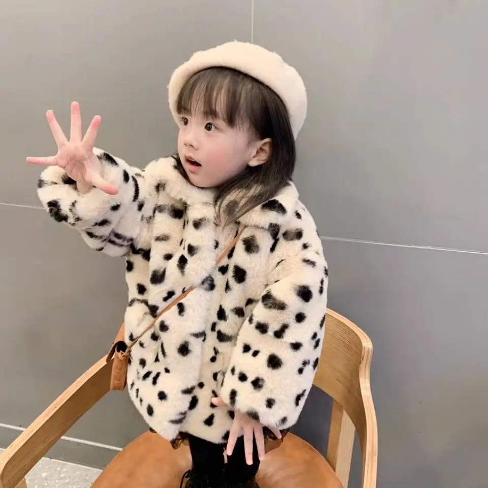 

Children's Fur Warm Jacket Short New Winter Girls thick Imitation Rabbit Fur Leopard Print Cotton Coat Girls Plus Overcoat