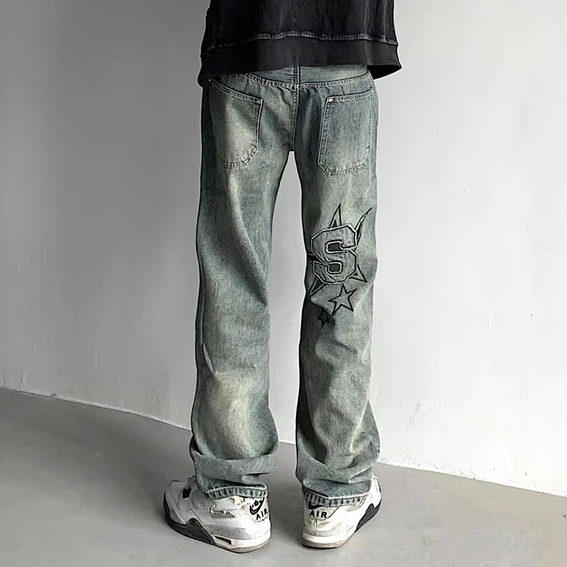 High Street Letter Stars Embroidery Ripped Retro Mens Denim Trousers Washed Straight Oversized Loose Harajuku Jeans Pants