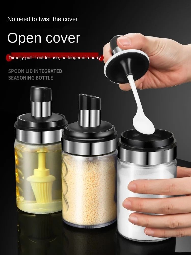 

Glass salt tank single spoon cover integrated seasoning bottle set household seasoning box combined kitchen MSG storage bottle