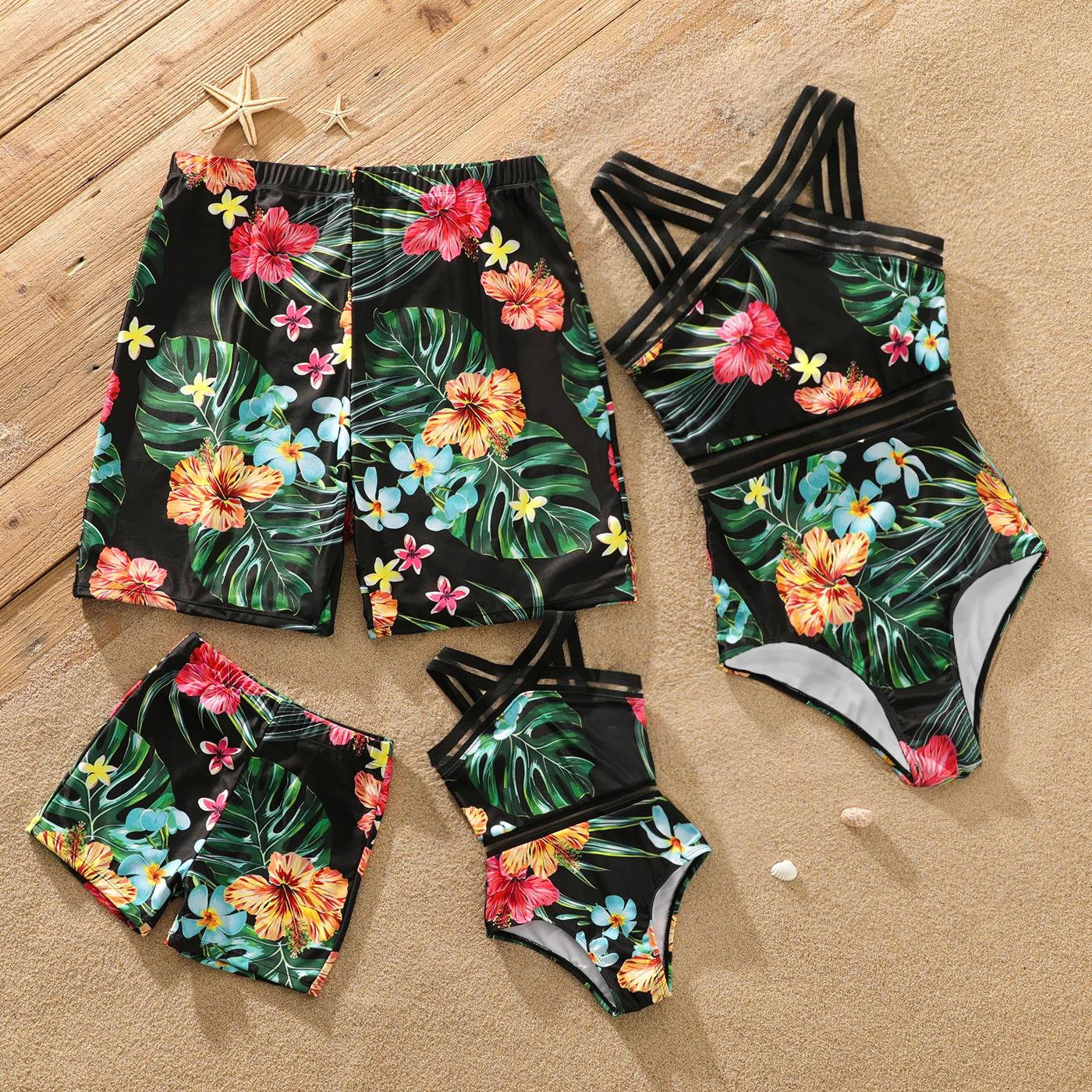 PatPat Family Matching All Over Tropical Plants Print Black Swim Trunks Shorts and Webbing One-Piece Swimsuit
