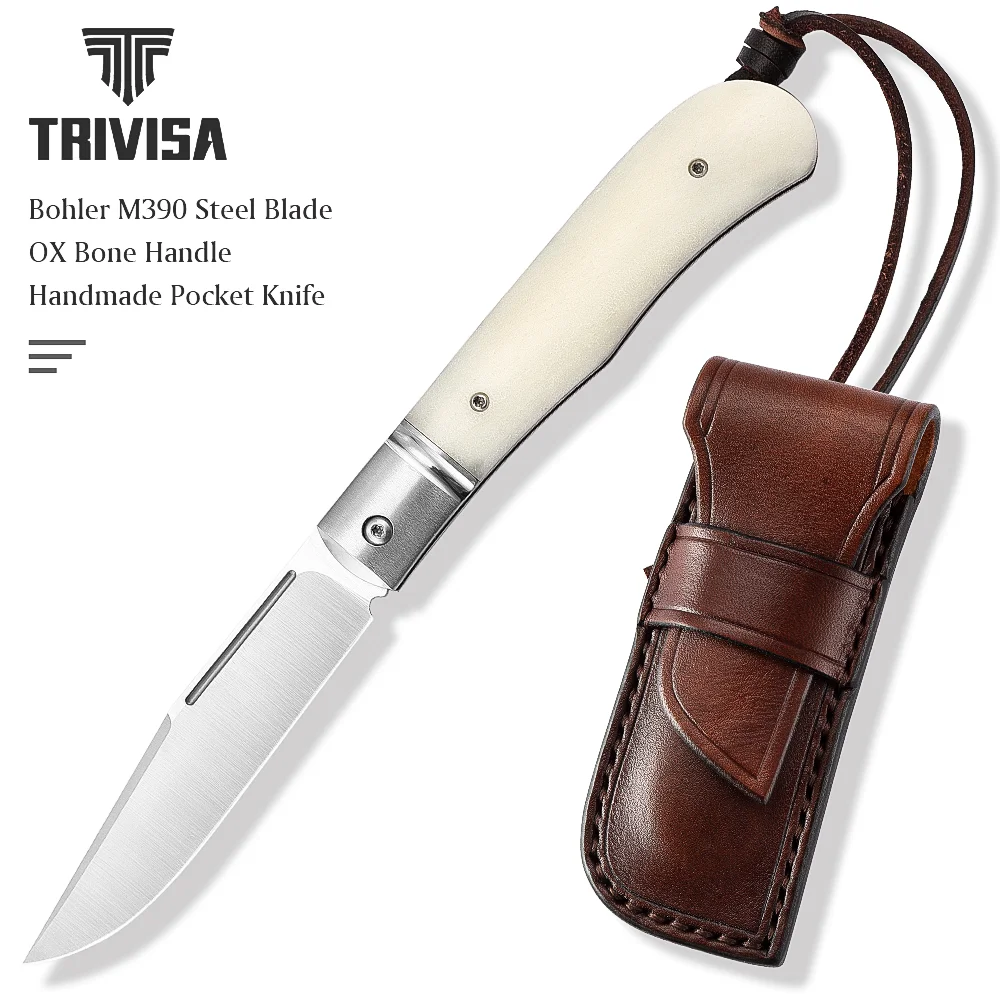 

TRIVISA Folding Barlow EDC Knife for Men,3"M390 Handmade Pocket Knives ,Handle TC4 Titanium Alloy + OX Bone,With Leather Sheath