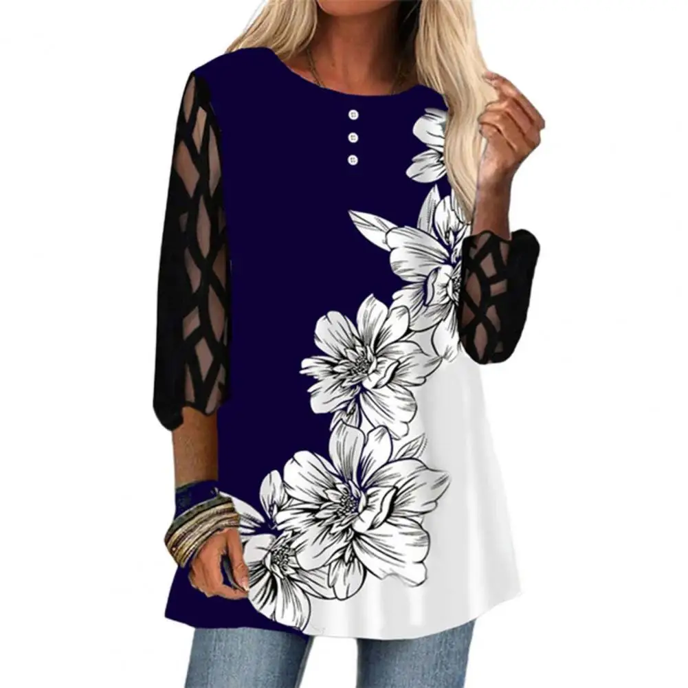 

Lady Shirt Loose Soft Texture Polyester Flower Printed Crewneck Women Blouse Color Block Swing Floral Printed Lady Shirt 2021