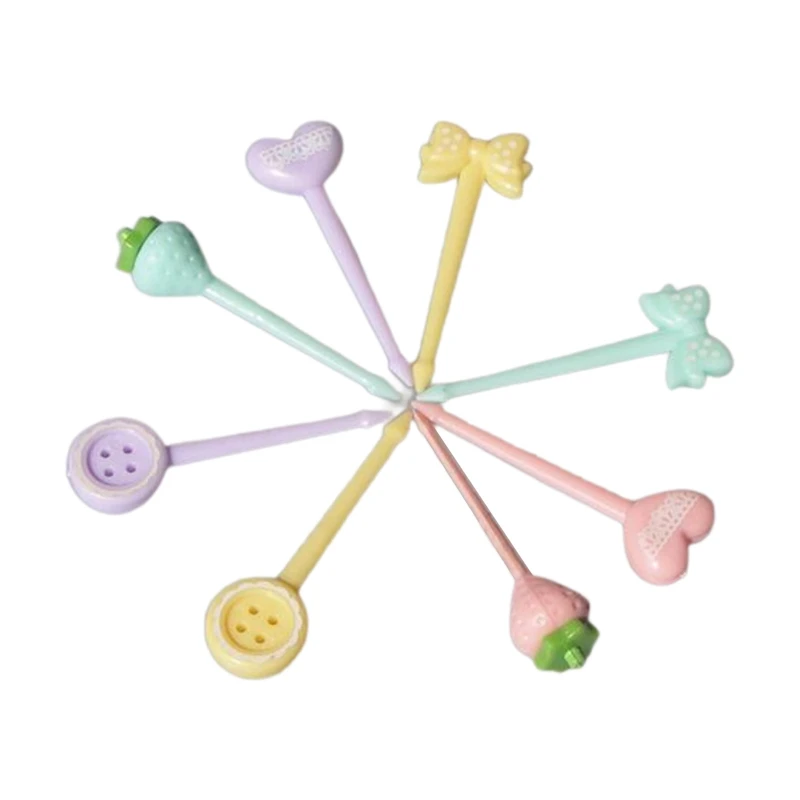 

D5BD милая серия конфетных цветов пищевые медиаторы КЛУБНИКА КНОПКА бант в форме сердца бэнто декоративный знак фрукты вилки пластиковый мат...