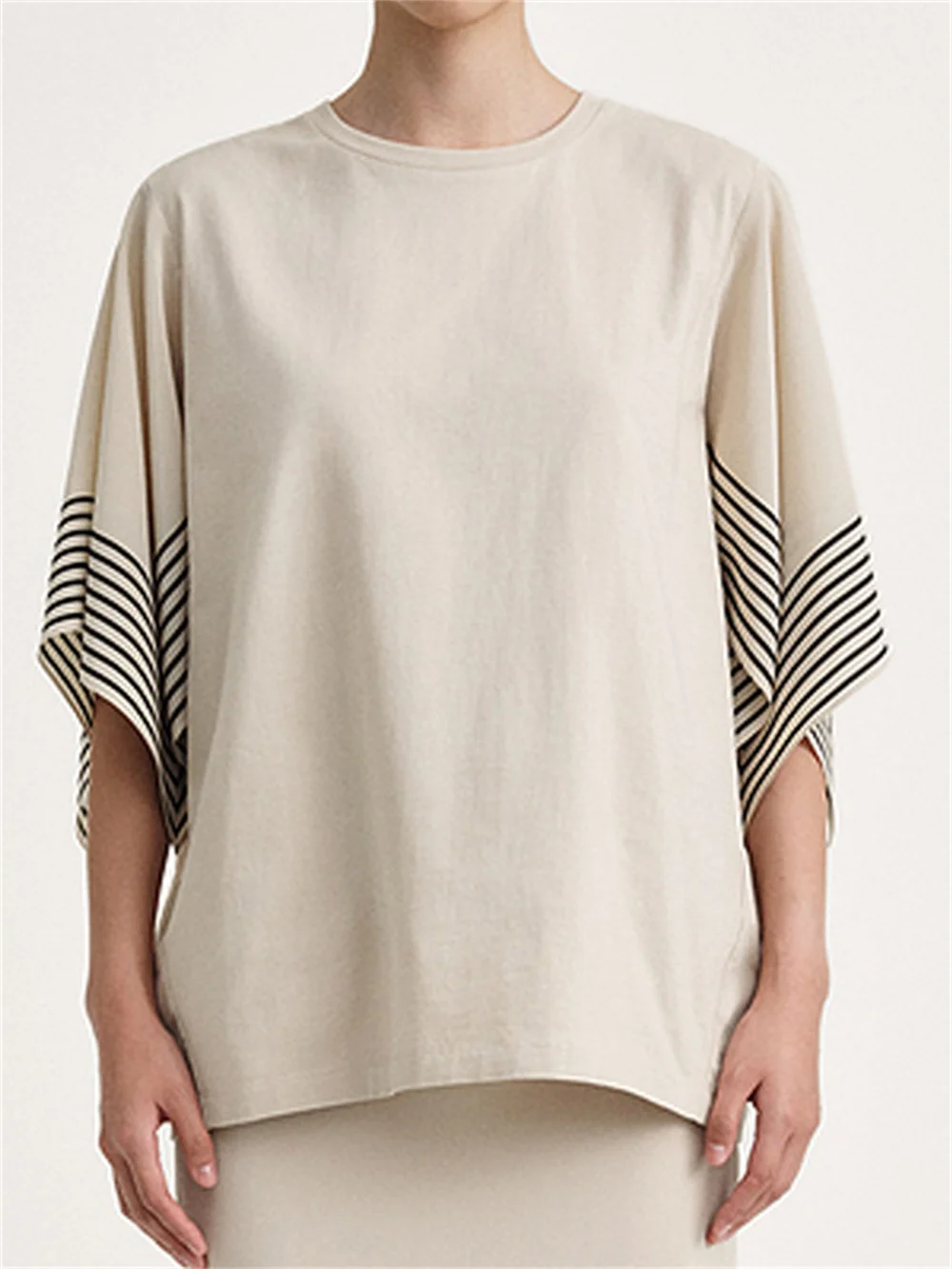 

Women Stripe Short Sleeve O-Neck Simple T-Shirt Commuter Casual Batwing Sleeve Tops