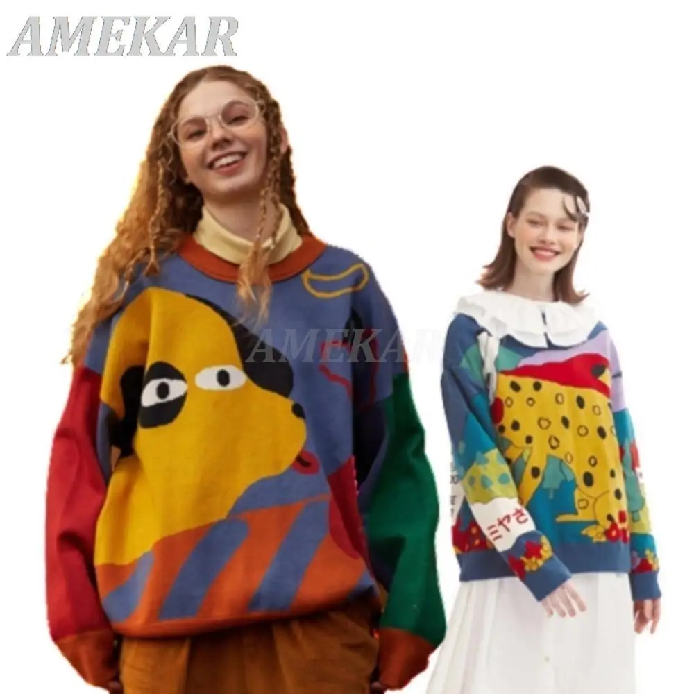 

Women's Winter Designer Harajuku BF Loose Pullover Sweaters Girl Long Sleeve Cartoon Dogs Color Block High-quality Knitwear Top