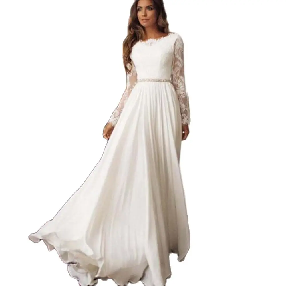 

Country Wedding Dresses A Line Jewel Long Sleeve Sweep Train Bridal Gowns With Lace Beaded Sash Chiffon Wedding Gowns