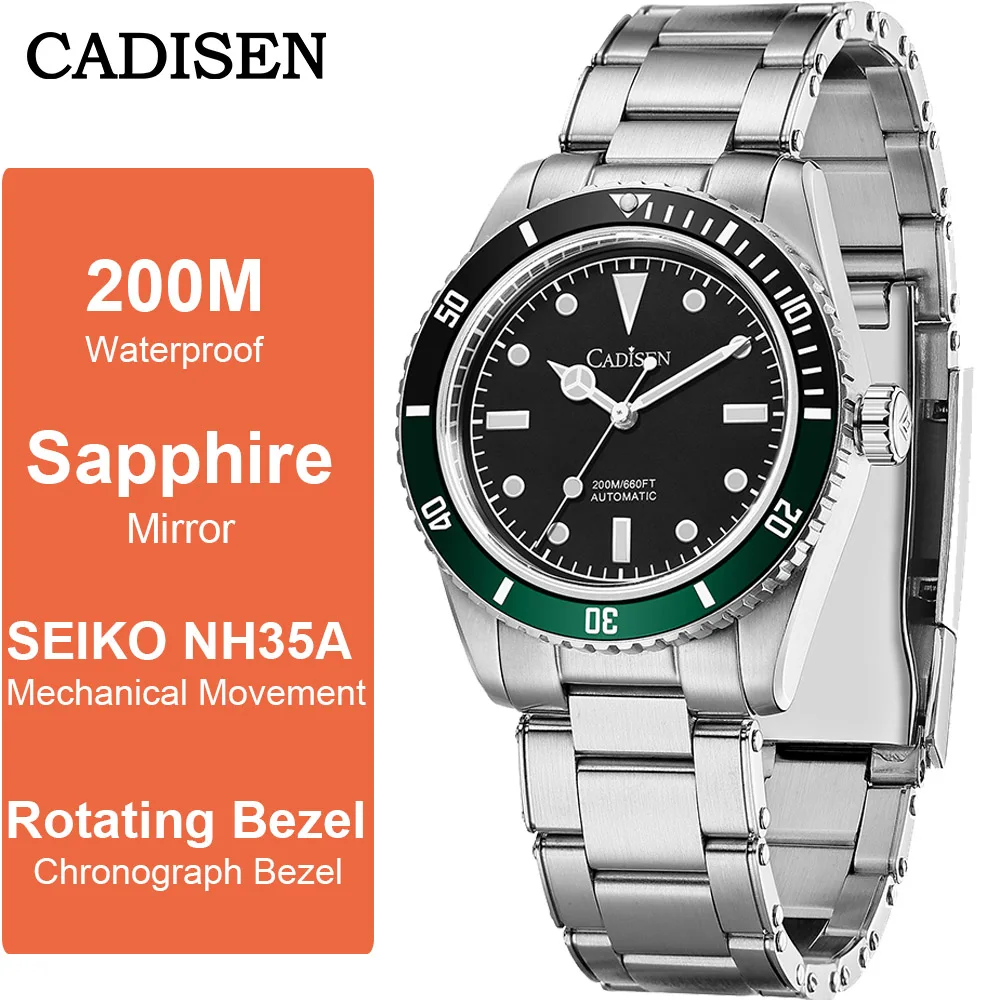 

Роскошные мужские автоматические часы Cadisen, спортивные механические наручные часы с сапфировым стеклом для дайвинга SEIKO NH35A, деловые часы для мужчин