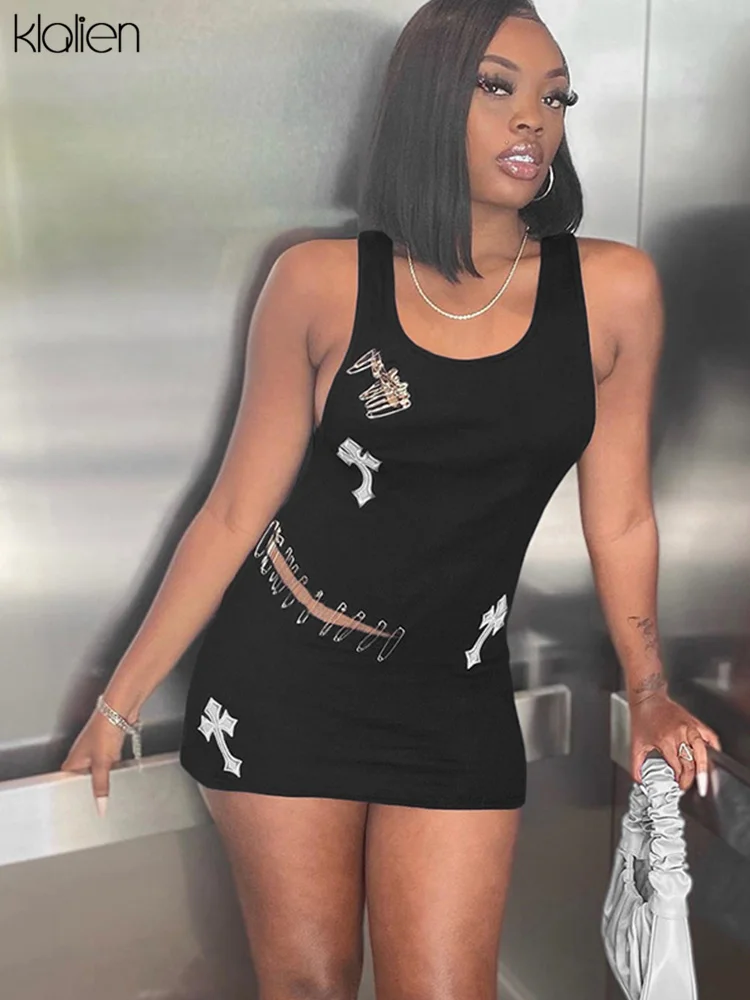 

KLALIEN хипстерское мини-платье с аппликацией, женское пикантное повседневное облегающее платье без рукавов с вырезами, уличная одежда для дев...