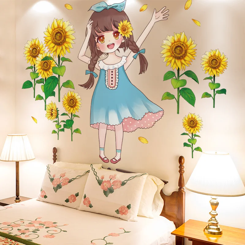 

[SHIJUEHEZI] мультяшная девушка Наклейка на стену DIY подсолнухи растения роспись наклейки для детской комнаты Детская Спальня украшение для дома