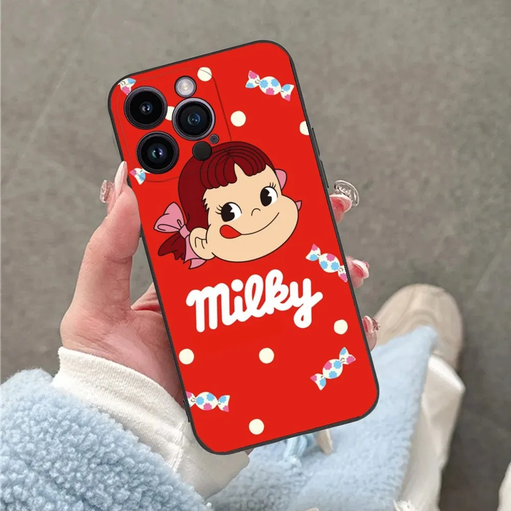 Fujiya Milky Peko-Chan Phone Case For iPhone 16 15 14 13 12 11 Plus Pro Max XS X XR SE Mini 8 7 Soft Silicone Black Cover
