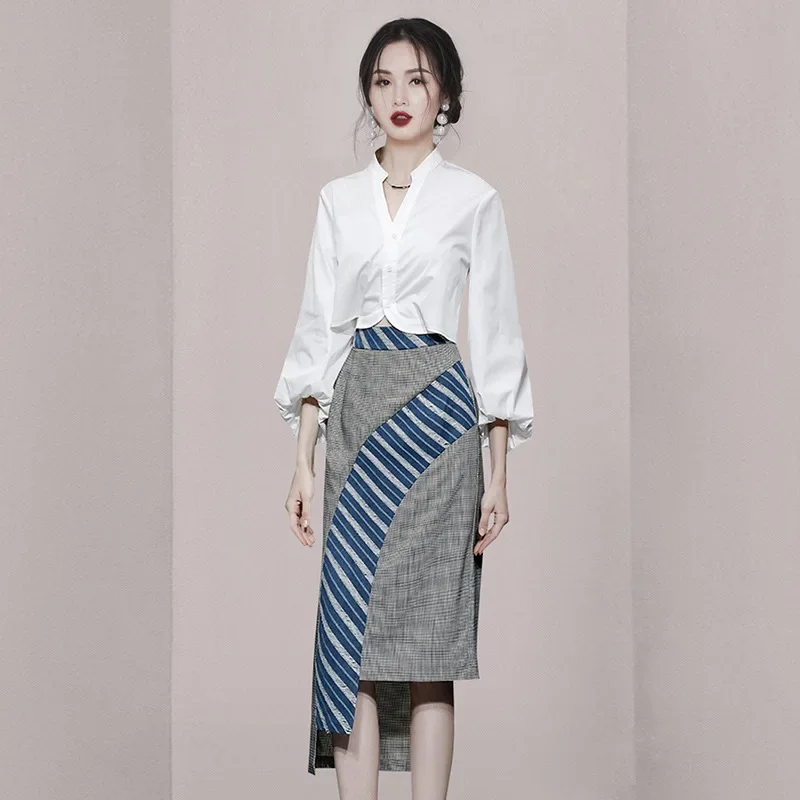 Осень 2023 новый элегантный топ с v-образным вырезом и воротником-стойкой пышными