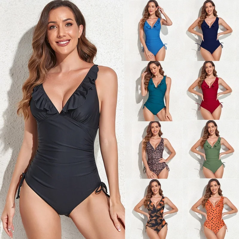 

Pleated Jumpsuit with Side-Rope Multi-Colored Bikini Sexy Swimsuit