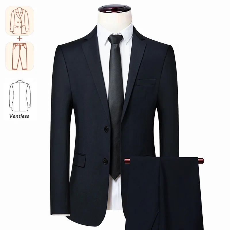 

Boutique Slim Fit Men Suit Set Solid Color Business Casual Work Clothes Jacket Pants Groom Wedding Suit Social Dance Swallowtail