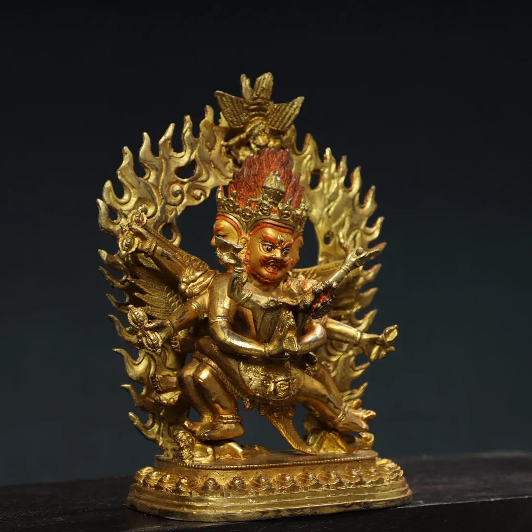 

9"Tibet Temple Collection Old Bronze Cinnabar Gilded Face Painting Puba Vajra Buddha Lotus Terrace Backlight Worship Hall