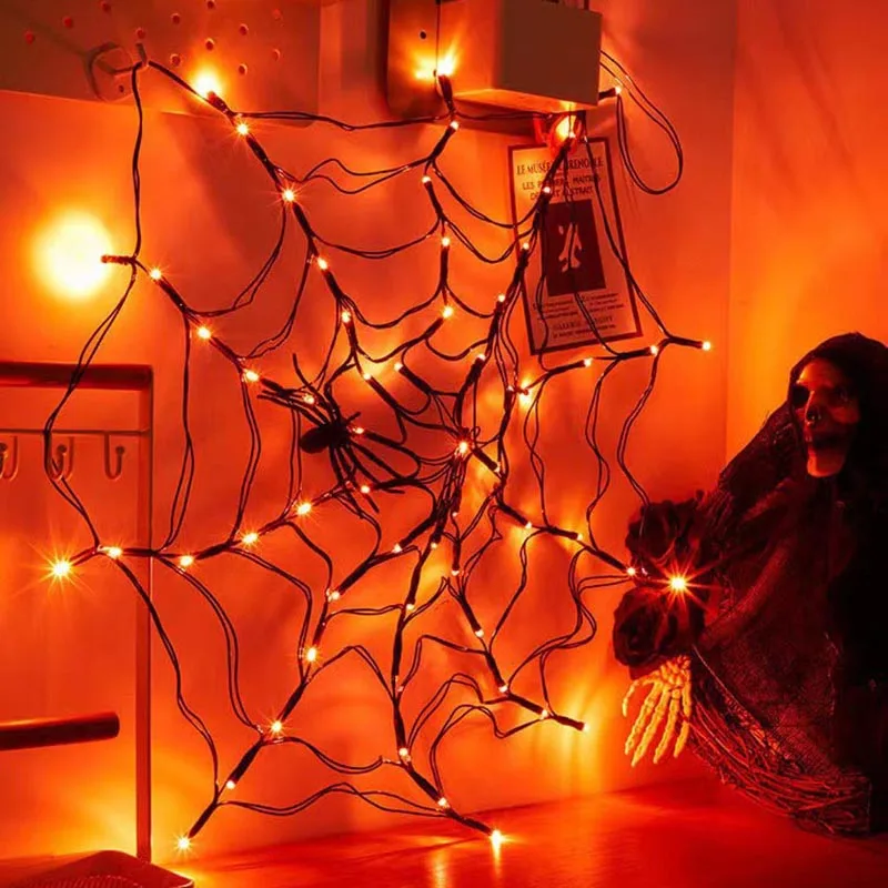 

Halloween Spider Web Lights String USB 8Modes Wall Net Light for Scary Halloween Holiday Decoration Garland 120cm Diameter Lamp
