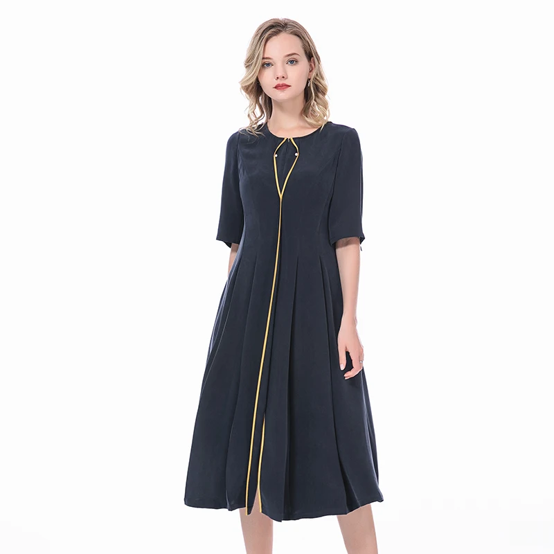 

30 Momme Heavyweight Silk Office Ladies Dresses Women Distressed Embroidered Flares Office Ladies Slim Summer Dress AE182