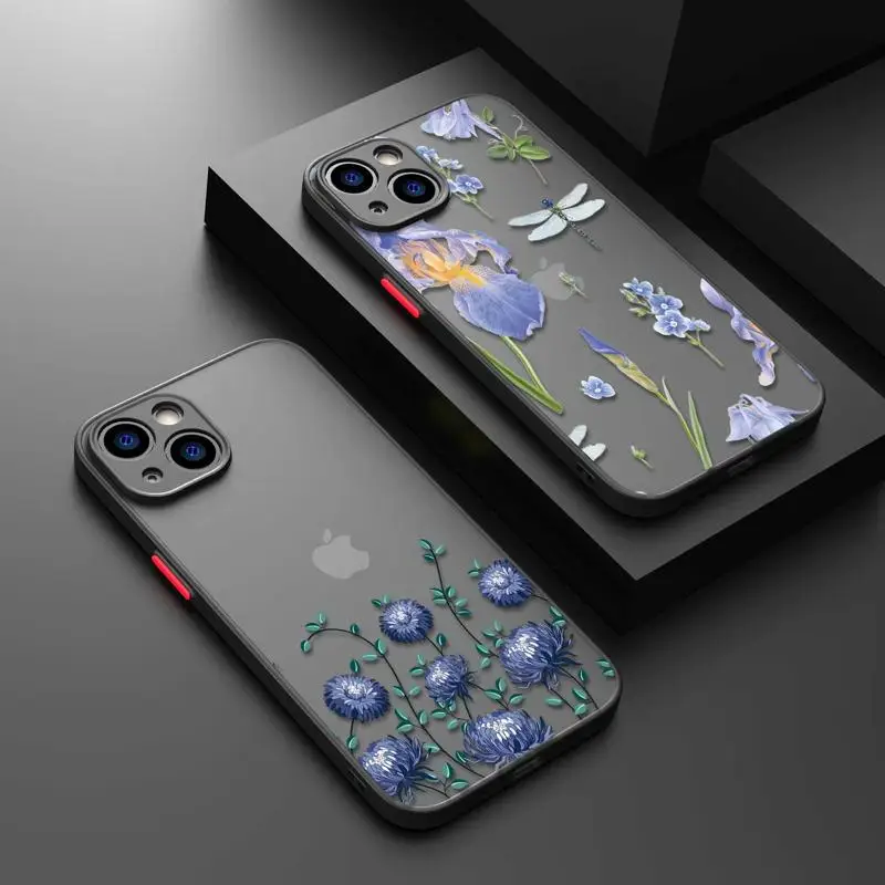 

Blue Flower Dragonfly Luxury TPU Matte Phone Case For iPhone 11 Case For iPhone 14 13 12 Pro Max Mini X XR Xs 8 6 7 Plus Cover