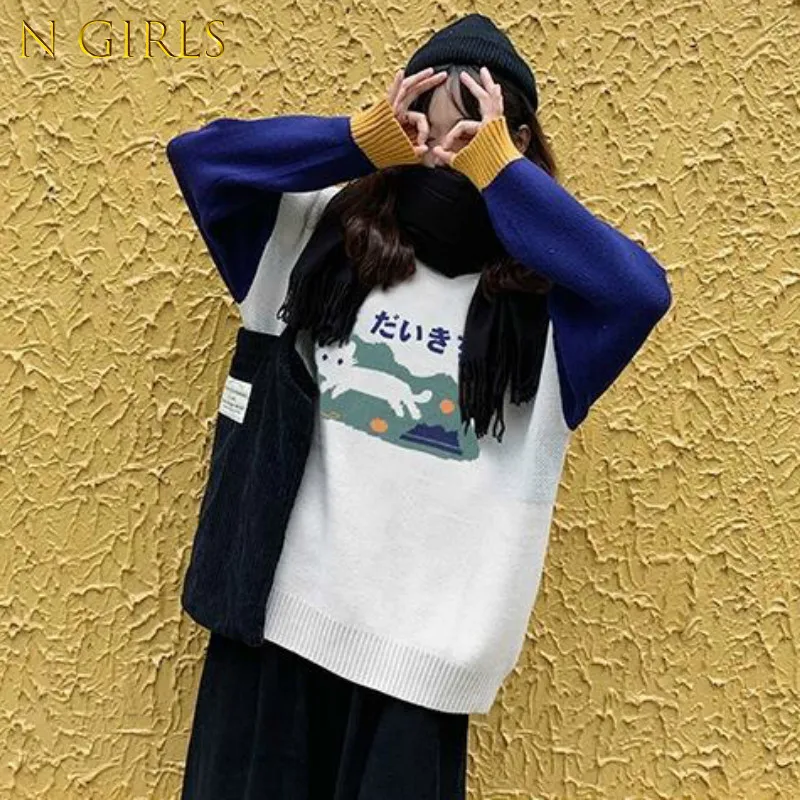 

N GIRLS Women Pullovers Thickening Couple Patchwork O-neck Japanese Style Loose Cat Knitting Designer Trendy Chic Student