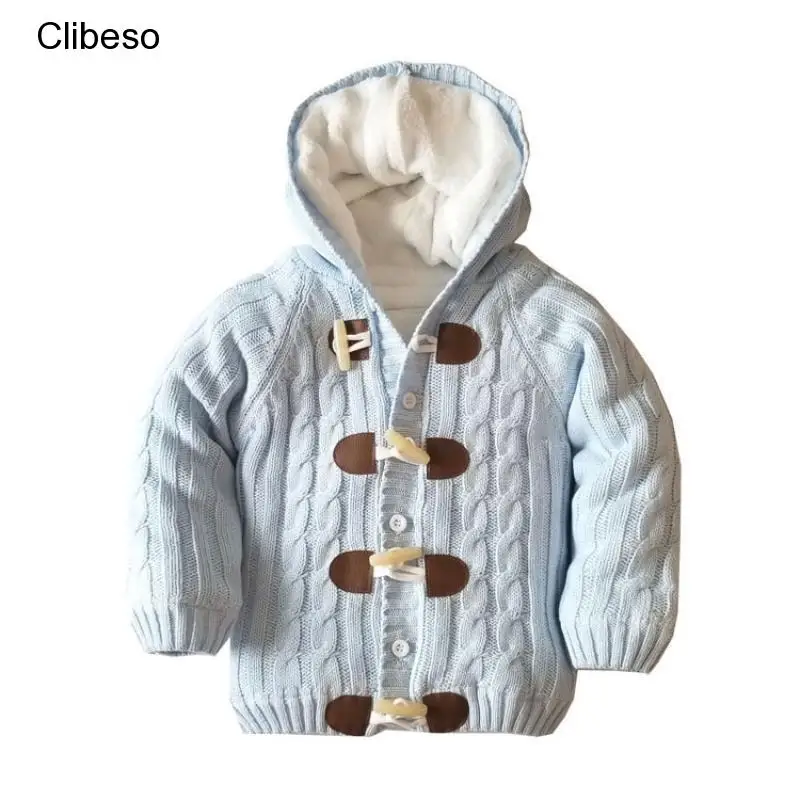 

Clibeso Girl Boy Knitted Sweater Casual Style Cardigan Winter Kid Baby Hooded Children Jacket Fleece Lined Warm Outerwear Coats