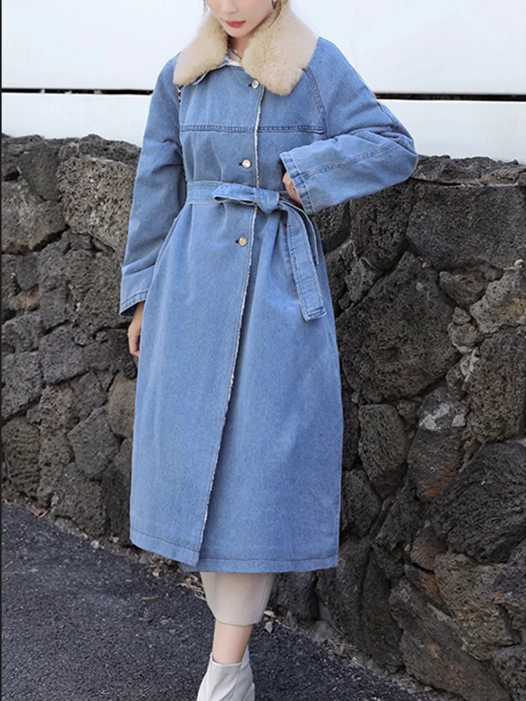 

Fitaylor Autumn Winter Women Lamb Wool Patchwork Denim Coat Casual Lady Lapel Button Long Denim Jacket Thick Parkas Outwear