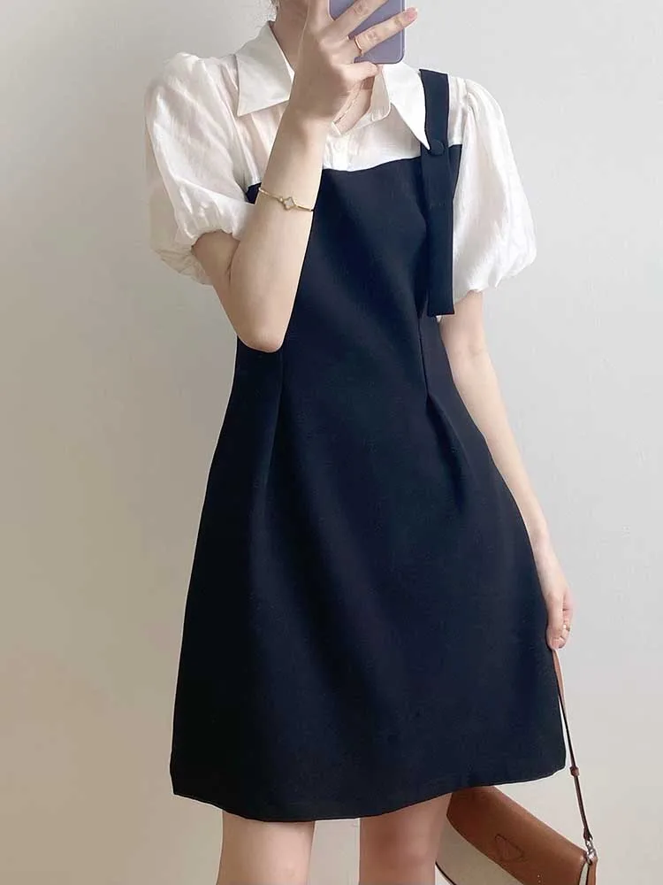 Vintage Black Dress Stand Neck Lantern Sleeve Party Slim Vestidos Korean Elegant Lapel Dresses Women