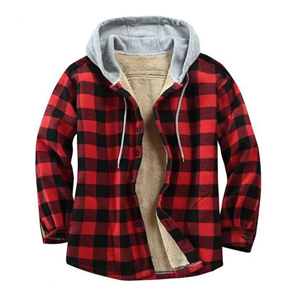 

Winter Men Jacket Plaid Buttoned Coldproof Loose Plush Lining Hooded Jacket Outwear for Outdoor