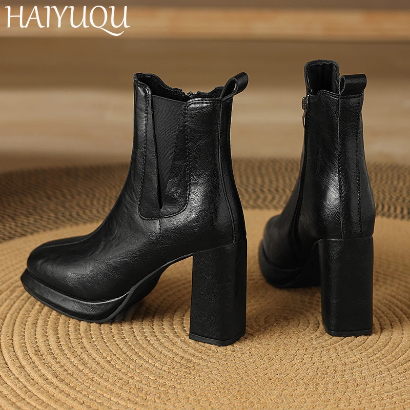 Женские кожаные ботильоны на высоком каблуке Дизайнерские повседневные теплые