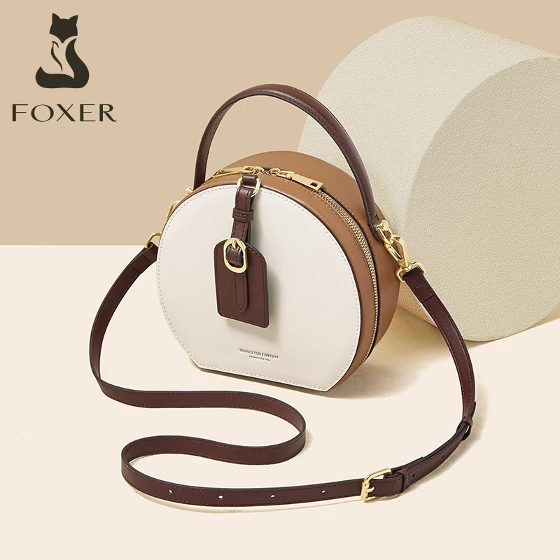 FOXER Female Stylish Round Crossbody Bag Split Leather Shoulder Bag Lady Design Circular Messenger Zipper Women's Small Handbags