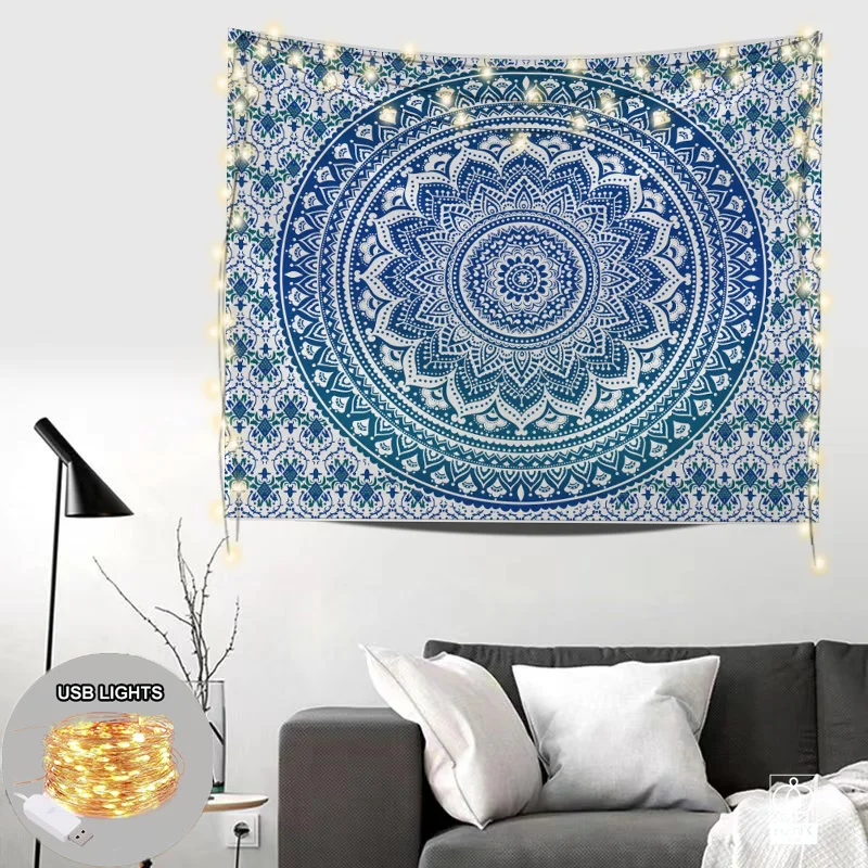 

New Mandala Tapestry with Lights Boho Home Decor Ethnic Bedside Live Background Cloth Aesthetic Wall Hanging Decor Tapestries