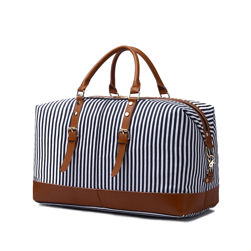 

Travel Luggage Bags Canvas Large-Capacity Fashion Blue Strips Duffels Bag For Women luxury Carry On Weekender Overnight Handbags