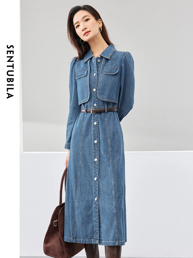 Женское джинсовое платье с поясом