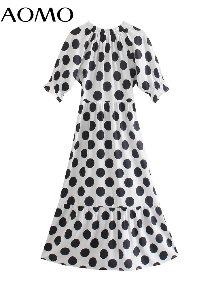 

AOMO 2022 Summer Women Dots Print Backless Cross Dress Puff Short Sleeve Ladies Sundress 1F88A