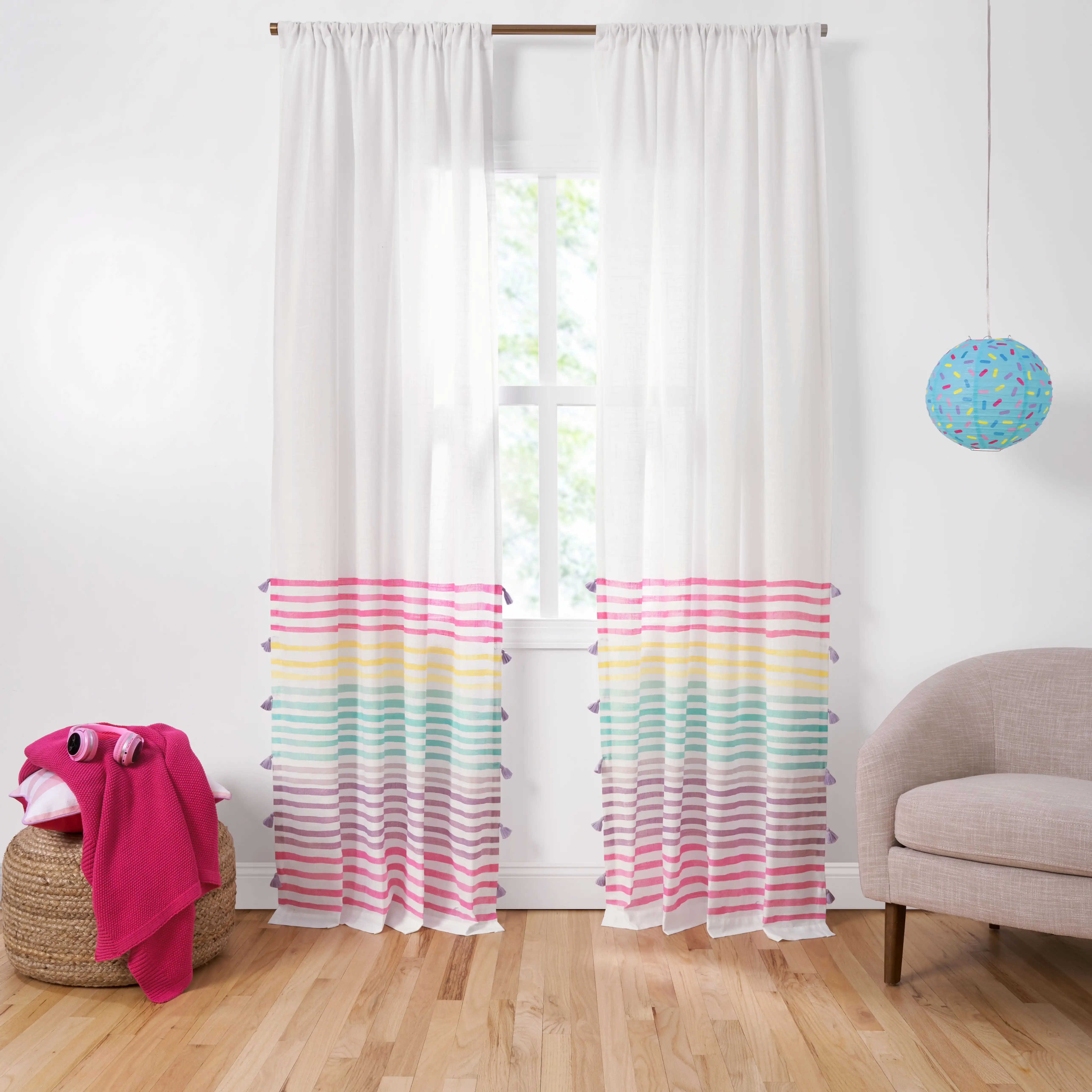 

Watercolor Stripe with Tassels Organic Cotton Semi-Sheer Window Curtain Pair, White Multi, 48x84
