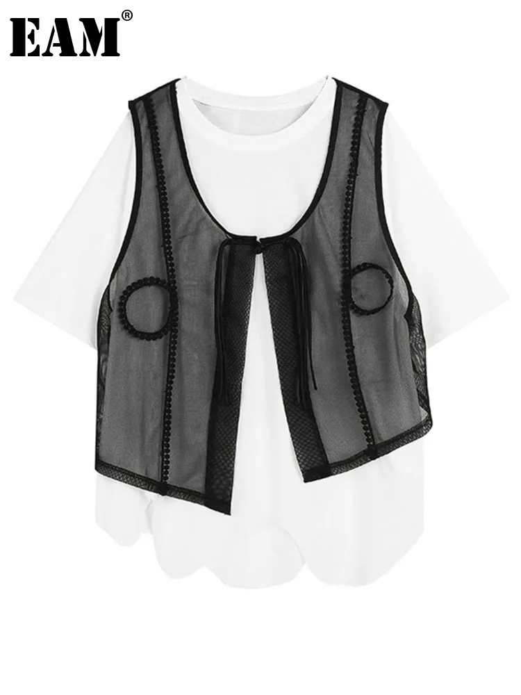 

[EAM] Женская белая Асимметричная сетчатая Повседневная футболка большого размера, новая модная футболка с круглым вырезом и коротким рукавом, весна-лето 2023 1DF8481