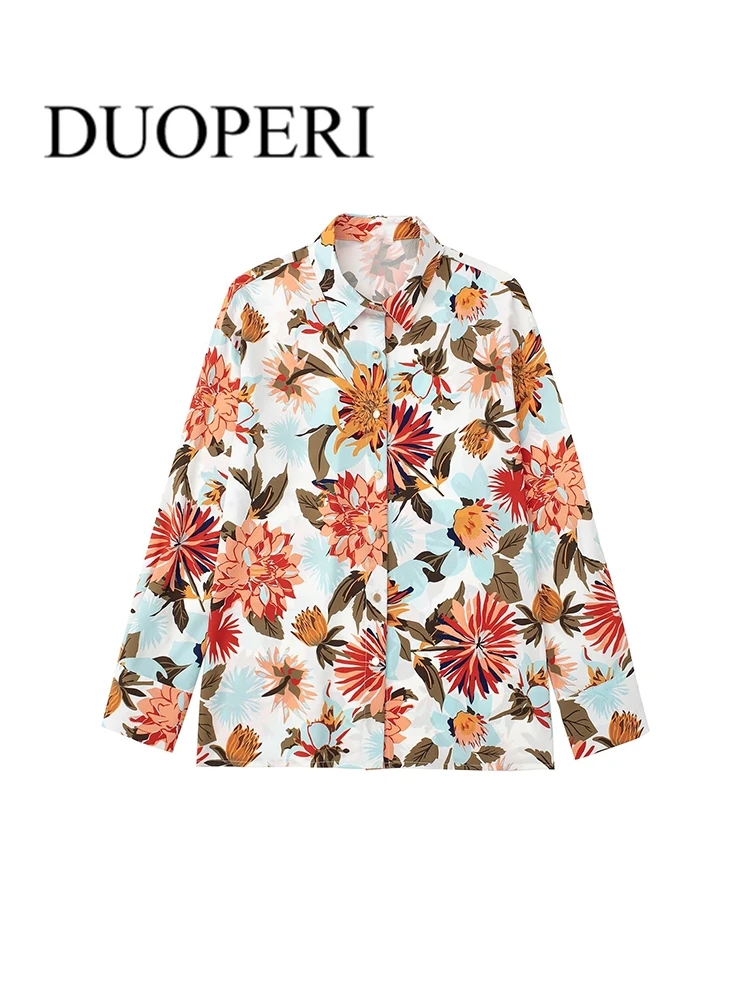 

DUOPERI Women Fashion Vintage Fashion Printed Blouse Long Sleeve Single Breasted Female Shirts Mujer Chic Tops Outfits
