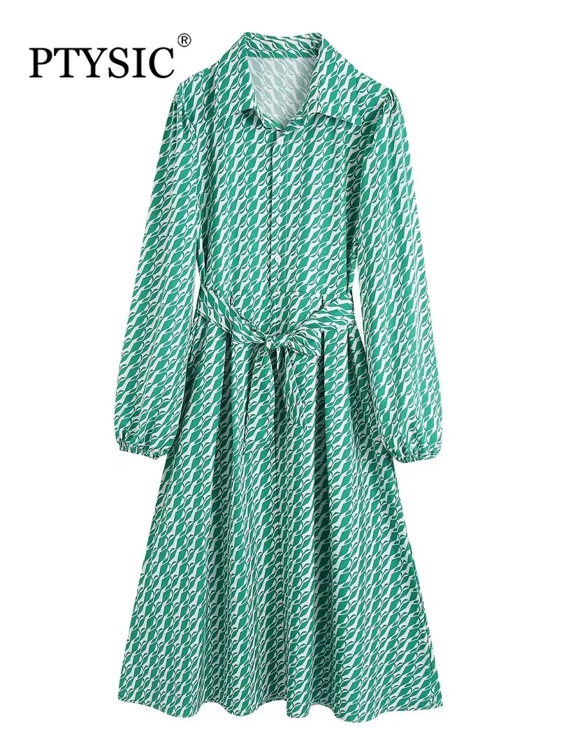 

Модное женское платье-миди PTYSIC с принтом и длинными рукавами, летняя одежда 2022 года с завязками на талии, уличная Женская одежда, платья Mujur