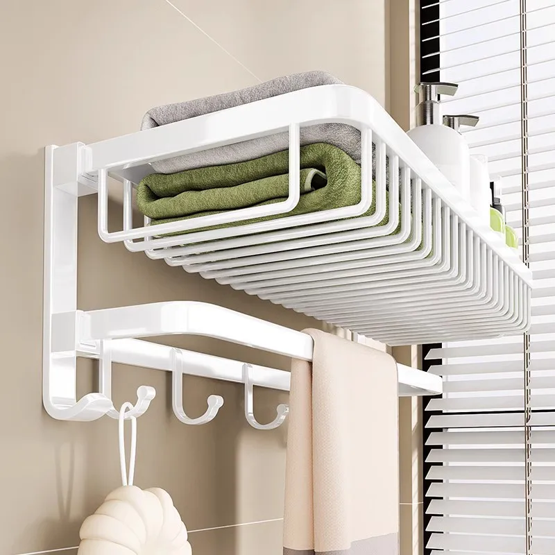 

White Non Perforated Bathroom Towel Thickened Folding Rack Toilet Space Aluminum Storage Rack