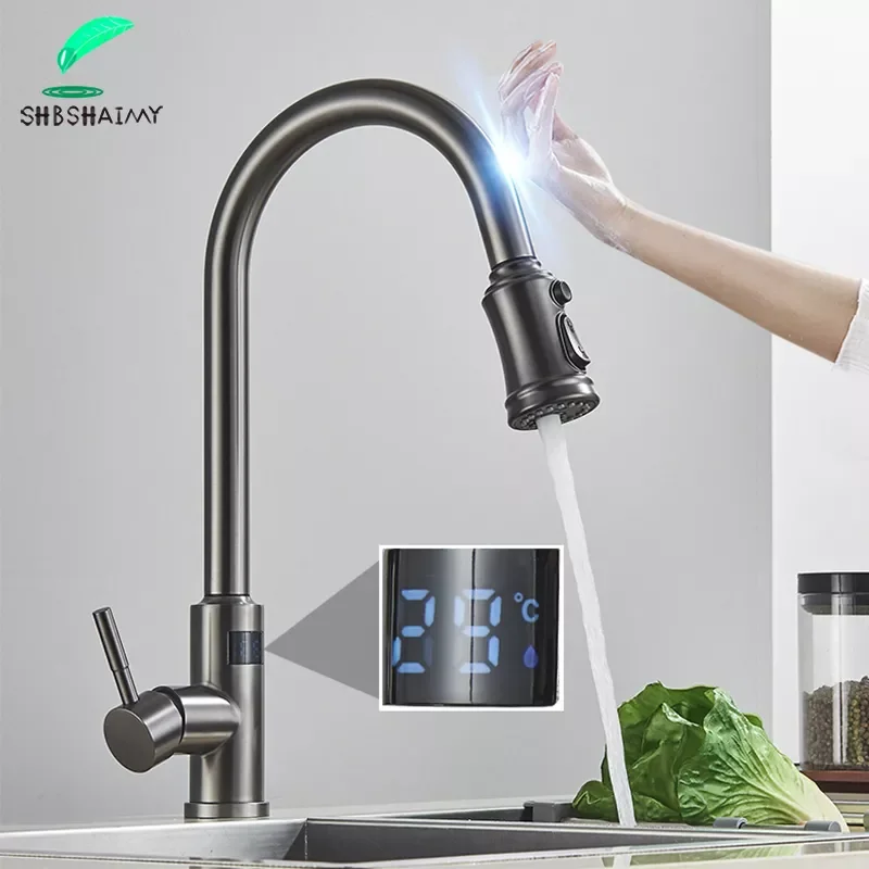 

Digital Display Smart Touch Kitchen Faucet Grey Black Sensor Touch Faucet Flexible Pull Out Mixer Taps Deck Mount 3 Modes Crane