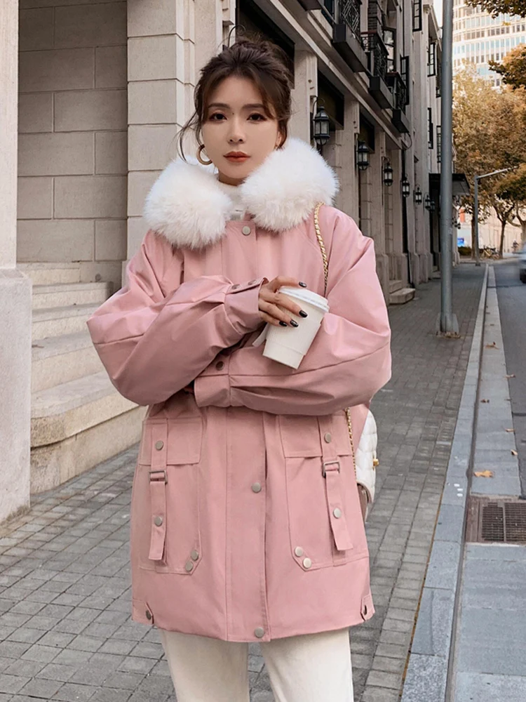 

Women's Winter Pike 2022 New Plus Velvet Thickened Cotton-padded Clothes Design Sense Pink Hooded Big Fur Collar Padded Jacket