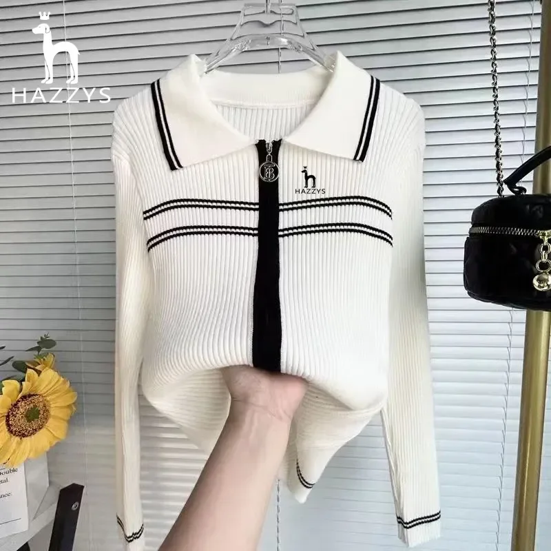 

HAZZYS New Women's Fashion Zipper Polo Neck Knit Cardigan Slim Fit Top Women's Short Sweater Clothing