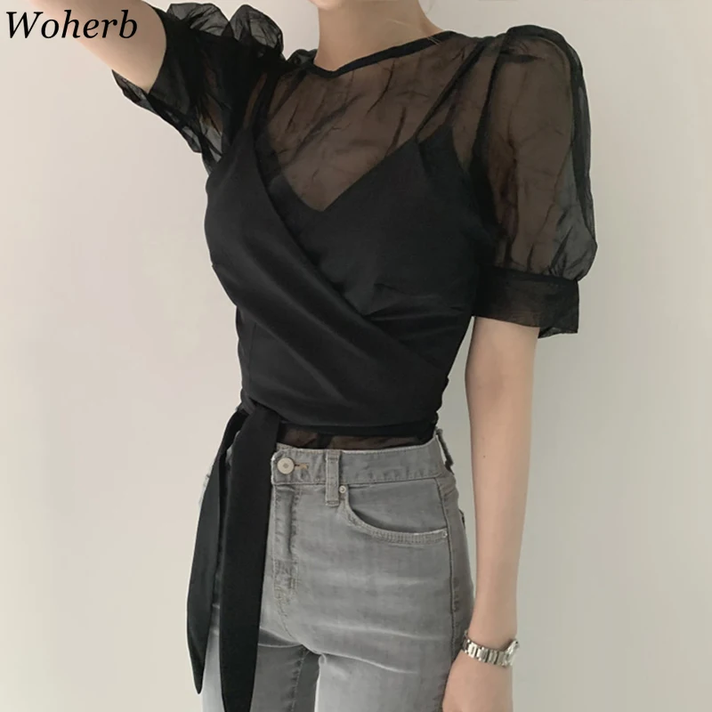 F GIRLS  Womens Two Piece Set See Through Puff Sleeve Shirts Lace Up Slim Waist Sling Tops Korean  Suit  Roupas enlarge