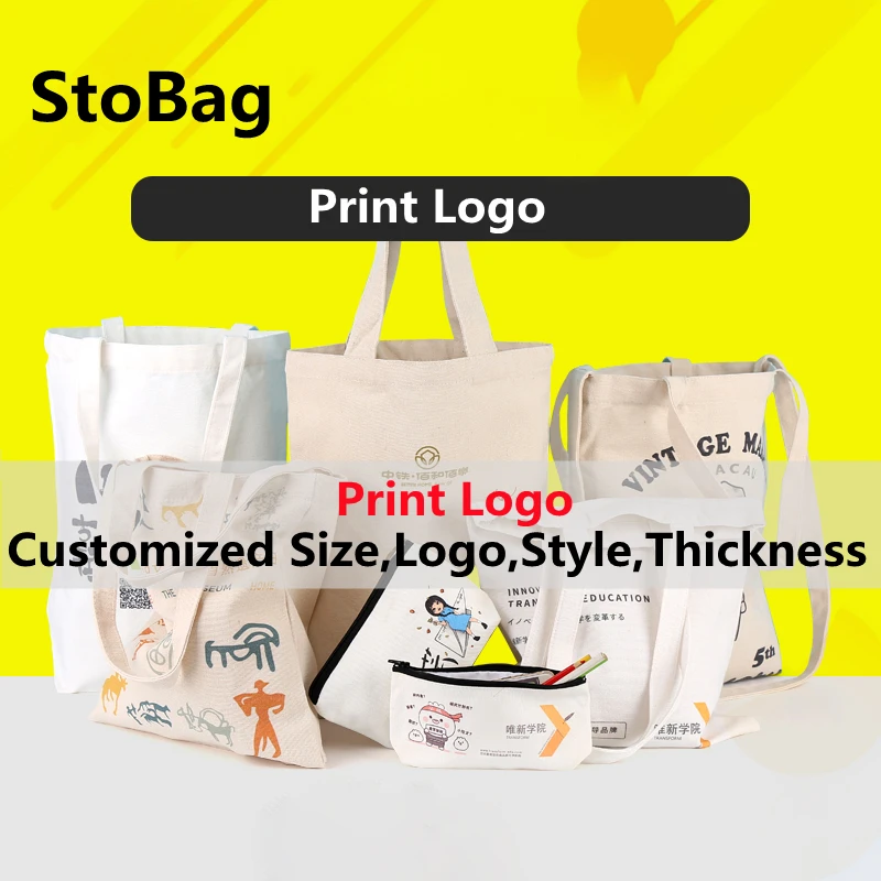 StoBag 50PCS Personal Custom DIY Logo Tote Bag Linen Canvas Bag With Print Logo Hand Shoulder Linen Reusable Shopping Bag