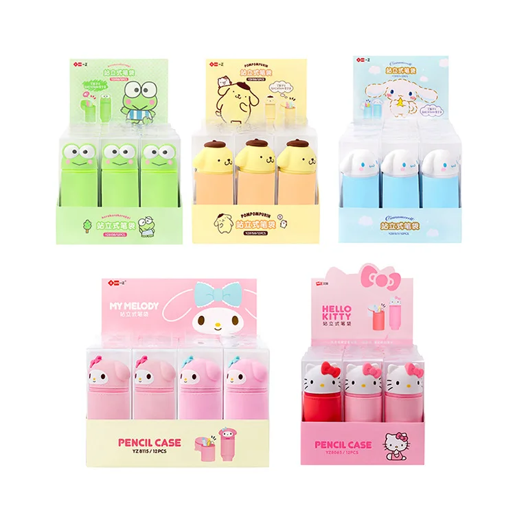 

Kawaii Sanrios Anime Kuromi Cartoon Standing Pen Case Cute Cartoon My Melody Cinnamoroll Student Silicone Stationery Bag Round