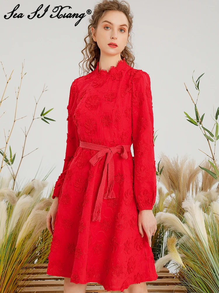 

Seasixiang Fashion Designer Spring Dress Women Stand Collar Lantern Sleeve Flower Embroidery Sashes Vintage Solid Short Dresses