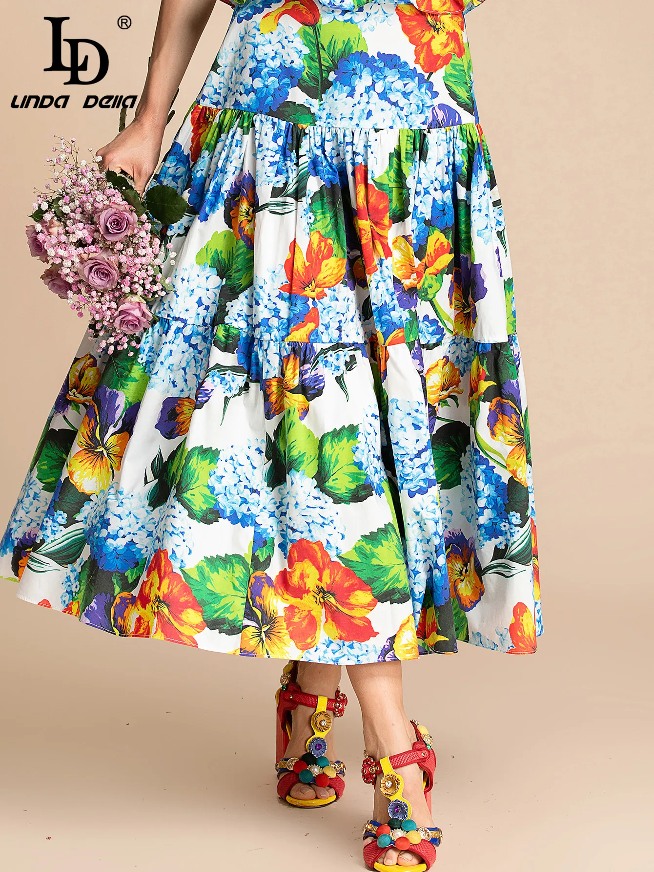 LD LINDA DELLA 2023 Bohemian Women Flower Print Holiday Skirt Summer Runway Fashion Cotton Midi Skirts