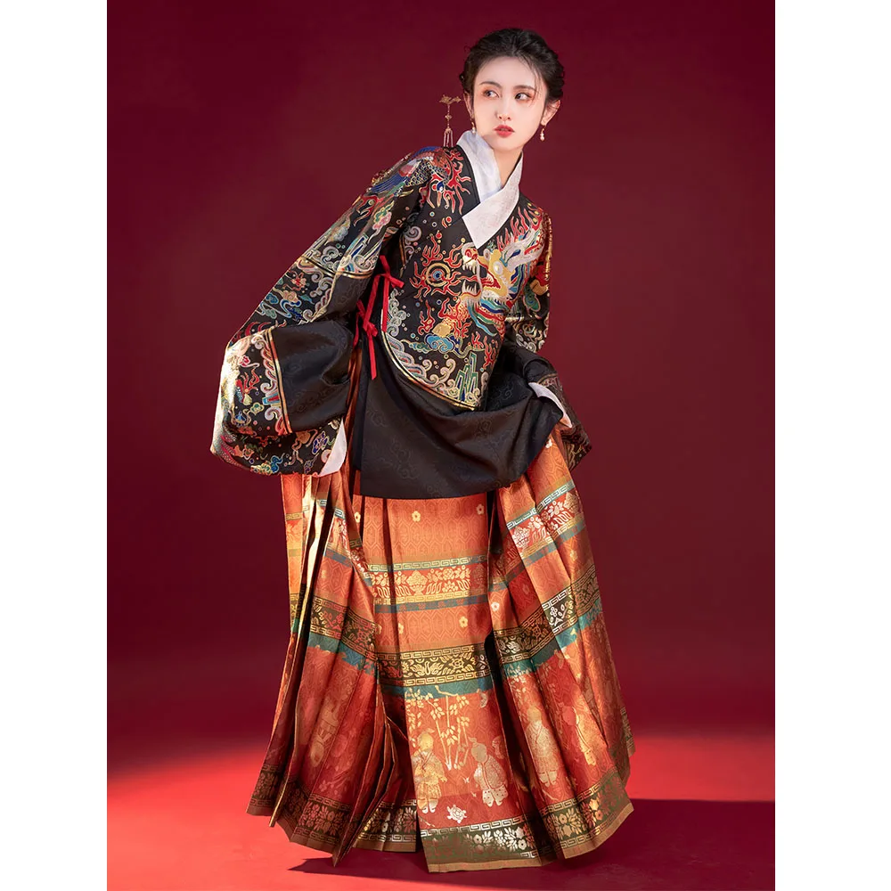 

ShangGongYu Chinese Women Ming Dynasty Black Weaving Gold Dragon Kirin Hanfu Top Weave Gold Large Sleeve Short Jacket Tang Suit