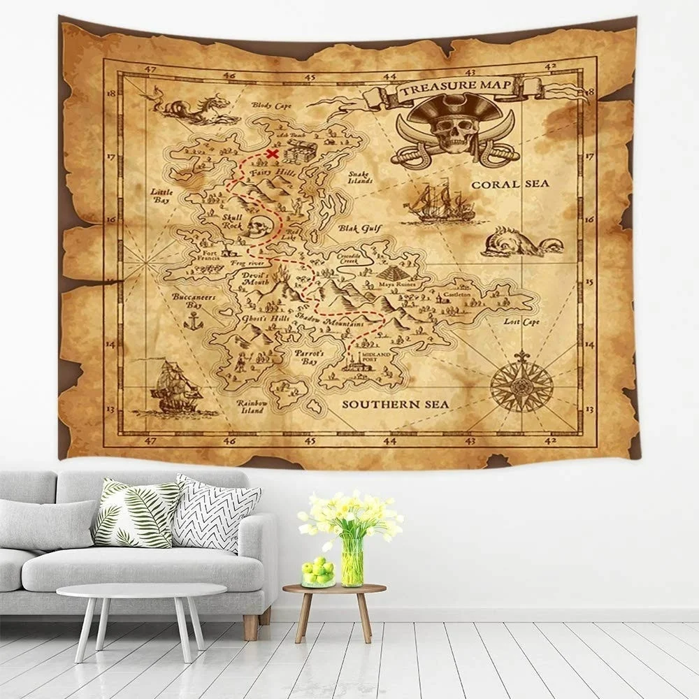 

Super Detailed Treasure Map Pirates Gold Secret Sea History Theme Island Map Tapestry Wide Wall Hanging for Bedroom Living Room