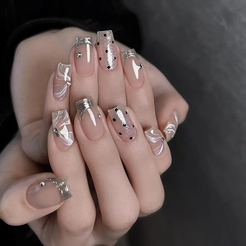 24pcs fake nails set faux ongles nude belt silver glitter mirror short sqaure tips with diamond designs press on false nail kit